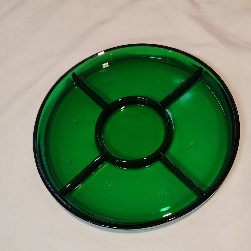 Vintage Paden City Emerald Glo Green Glass 5 Part Relish Tray 1940's